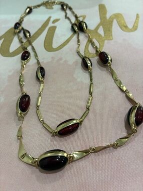 Coldwater Creek Gold-Tone Necklace with Burgundy Cabochons
